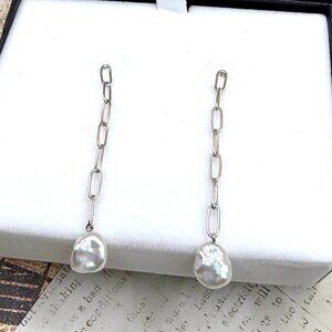 New Sterling Silver White Pearl Long Dangle Earrings in Jewelry Box Pierced